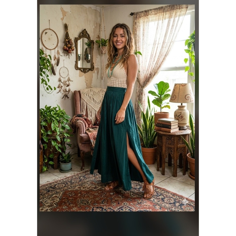 Splash Maxi Skirt Womens‎ 10 Green  Slit Boho Sustainable Viscose Full Length